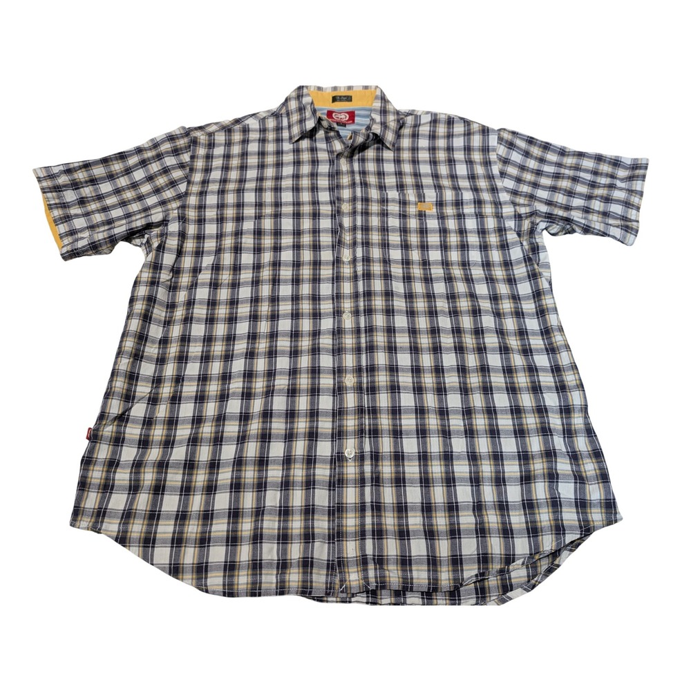 Ecko Unltd Button Down Mens Large Blue Yellow Plaid The Dwyer Short Sleeve Shirt